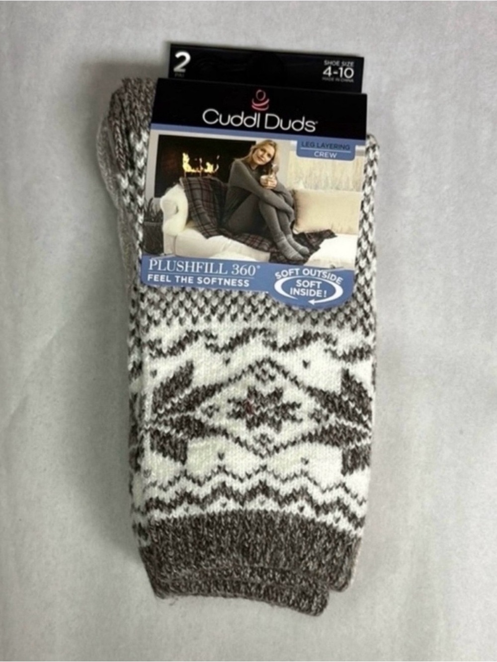 New Cuddl Duds Socks Women’s 2 Pair Brown & White Soft Leg Layering Crew Casual
